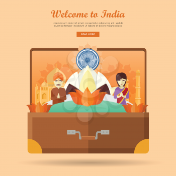 Welcome to India. Travelling banner. Landscape with traditional Indian landmarks on the photo in the suitcase. Going to vacation. Part of series of travelling around the world. Vector illustration
