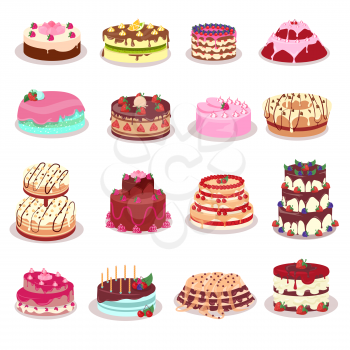 Set of decorated with colored frosting, fruits and chocolate cakes. Vector in flat style. Beautiful confectionery. Dessert. For pastry shop ad, birthday or wedding greeting cards design, diet concepts