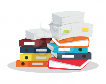 Stack of papers. Large number of business documents with bookmarks. Colorful binders.Paper work, office routine, bureaucracy concept. Flat design. Illustration for data, e-mail, management, services.