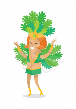 Carnival dancer character vector in flat design. Smiling red-head woman in green carnival costume. Festival in tropics. Samba dancer illustration for vacation, summer party concepts. Isolated on white