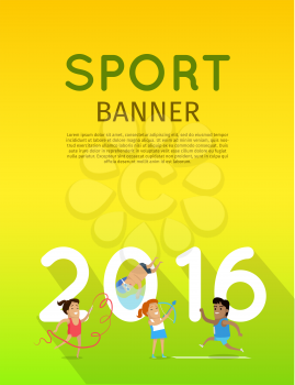 Sport banner. Artistic gymnastics athletics diving and archery template. Summer games colorful banner. Competitions, achievements, best results. Flyer, template, poster 2016. Vector illustration