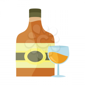 Bottle with alcohol vector in flat style. liqueur, brandy whiskey, cognac illustration for beverages concepts, grocery store advertising, icons, infograqphic element. Isolated on white background. 