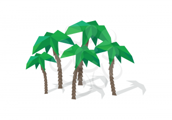 Palm trees with shadow. Coconut palm trees. Palm icon. Group of palm trees in flat. Polygonal origami tree icon. Isolated object in flat design on white background.