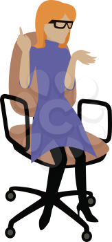 Woman in purple dress and glasses sitting on office armchair. Young businesswoman sitting on chair. Isolated object in flat design on white background. Vector illustration.