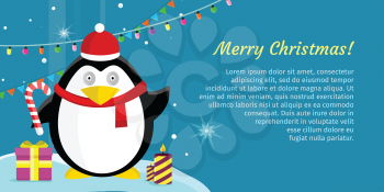 Merry christmas concept vector banner. Flat style. Funny penguin in santa hat on winter holidays background with candles, garlands, gift box, stars. Illustration for greeting cards, web page design