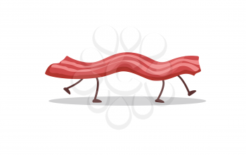 Bacon running away isolated on white. Funny food story conceptual banner. Fresh cooked meat character in cartoon style. Happy meal for children. For childish menu poster. Vector design illustration