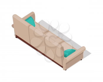 Isometric beige sofa with shadow in flat. Two-colored fabric couch. Sofa furniture icon. Furniture element for office and home interior. Isolated object on white background. Vector illustration.