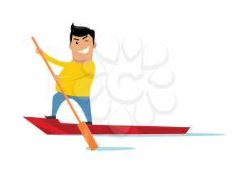Sealing on boat vector. Flat style design. Water sport and entertainment. Summer vacation, escape from civilization, journey to Venice concepts. Smiling man on boat with a paddle in hand sailing.
