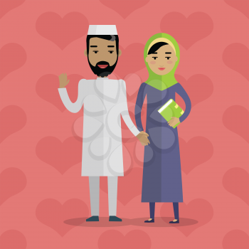 Muslim people. Arabian family. Arabic husband and wife. Man in white gown and woman in paranja. Mussulman and mussulwoman. Middle eastern couple. People of the world series. Vector in flat style