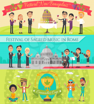 Festival New beaujolais in France. Festival of sacred music in Rome. International festival cannabis cup banners set. Italian and French national festivals in flat style design. Holiday event. Vector