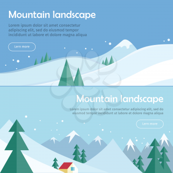 Mountain landscape vector web banners. Flat style. Set of horizontal illustrations with winter snow-covered mountains and spruces. Leisure on north nature. For mountain, ski resort landing page design
