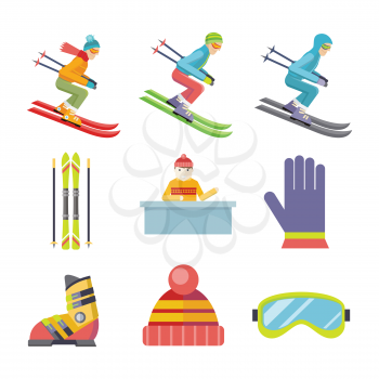 Set of winter sport vector icons. Flat design. Man on ski sliding, ski, hat, goggles, gloves, boots, reception. Cold season entertainments and sport. For app buttons, infogpaphics, logo web design