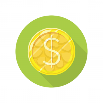 Dollar gold coin vector icon in flat style. Investment, gambling, savings, winings concept. Illustration for application button pictograms, infogpaphics elements, logo, web design. Isolated on white