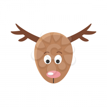 Deer cartoon sticker face. Red deer mammal with antler happy face. Funny sticker icon for children. Wildlife educational concept. Mask for masquerade, holiday, festival, halloween. Vector illustration