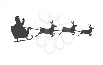 Santa Claus on sleigh with reindeer vector silhouette. Winter holidays symbol. Christmas and New Year celebrating. For seasonal advertising, greeting cards, prints design. Isolated on white background