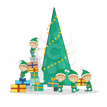 Merry Christmas web banner. Christmas elves packing presents gift boxes according to wish list. Xmas holiday tree on background. Magic eve. New year and xmas concept. Cartoon flat style. Vector