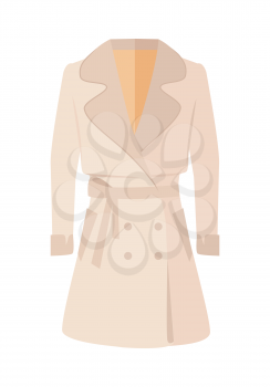 Women double-breasted jacket isolated on white. Cozy autumn and winter clothes. Fashionable outerwear. Winter jacket icon flat style design. Fashion wear. Woman long coat illustration. Vector