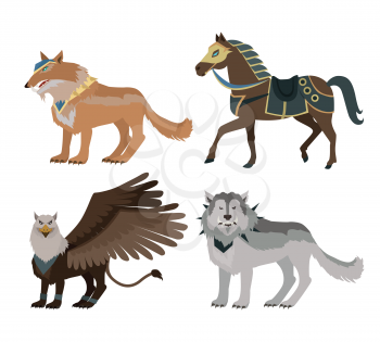 Fantastic battle riding animals vector in flat style design. Fairy predator beasts in armor model illustration for games industry concepts, icons and pictograms. Isolated on white background.