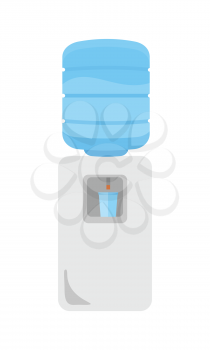 Gray water cooler in flat. Plastic bottle of clean blue water. Office interior element. Water cooler icon. Electric cooler for potable water. Isolated vector illustration on white background.