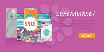 Supermarket sale banner. Household appliances in flat style. For electronics stores advertising. Purchase of equipment for every day use. Devices with red discount tags. Black friday. Vector