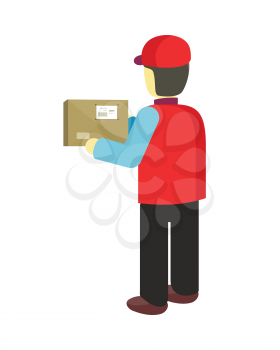 Delivery man holds package in his hands. Manager deliver goods to designated place. Equipment delivery process of warehouse. Loader man isolated on white background. Business delivery of cargo. Vector
