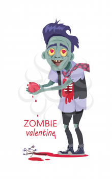 Scary zombie valentine. Dead man with grey skin, in torn clothes standing with tear out heart in hands, bouquet of flowers lying in a pool of blood vector illustration isolated on white background