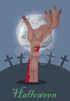 Halloween mystical concept. Zombie hand sticking out from the ground on cemetery the night of the full moon flat vector illustration. Human limb appear from the grave. Undead monsters arises to world