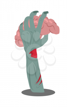 Zombie hand sticking out of the ground with brains flat vector illustration isolated on white. Hungry living dead with fresh human flesh. Humorous concept for halloween greeting card, party decoration