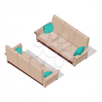 Sofa with pillows on two sides in isometric projection. Comfortable furniture vector illustration for stores ad, icons, infographics, logo, web and games environment design. Isolated on white