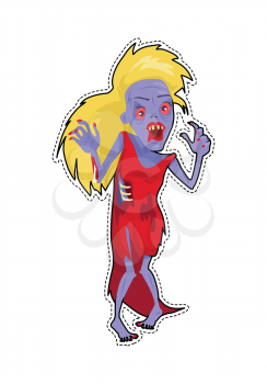 Scary zombie woman walking. Frightening dead female in red dress with blond hair, blue skin, blood stain flat vector. Horror character for Halloween. Fashion patch in cartoon 80s-90s comic stylev