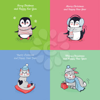 Merry Christmas and Happy New Year posters set. Little rabbit in hat and scarf, funny cat, penguins. Cartoon creatures wearing warm cloth. Winter season holiday concept. Greeting cards in flat style
