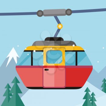 Cable car vector illustration. Flat design. Cab for people transportation on ropeway, winter mountain landscape in background. Cold season entertainments and outdoor activity. For ski resort ad