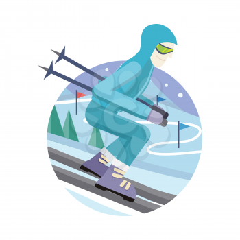 Skier on slope vector illustration. Flat design. Man in ski suit sliding from hill with slalom flags. Winter entertainments, outdoor activity and sport. Extreme slalom. For mountain resort ad