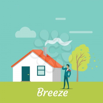 Breeze gentle wind blowing on young man. Male standing near cottage house near tree while wind blows on his. Land breeze. Cool wind from the sea. Recreation near native home. Vector illustration