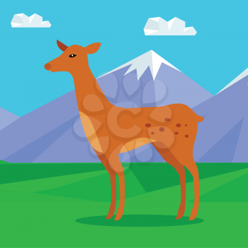 Fawn on the lawn in the mountains. Junior verdant young brown spotted deer. Ruminant mammal. Little inexperienced fawn in its first year. Cartoon illustration. Herbivore creature. Vector illustration