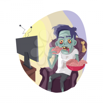 TV zombie. Creepy dead man with green skin seating in chair, watching TV-shows and eating brains from dish flat vector illustration isolated on white background. Zombiing of television viewers concept