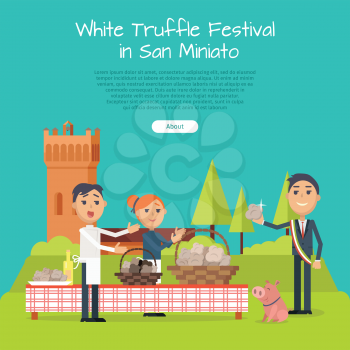 Festival of truffle festival in San Miniato web banner. Happy people selling tasty mushrooms on culinary holiday in Italy town, piggy, castle tower, trees vector illustrations on turquoise background