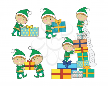 Set of fairy elves with christmas presents. Flat design vector. Funny Christmas elfs in green suits holding, counting, carrying gift boxes with stripes. Winter holidays celebrating symbols. On white