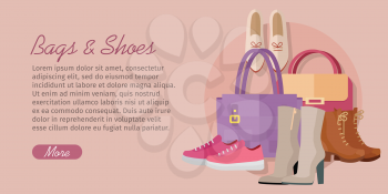 Bags shoes vector concept. Flat style. Collection of womens footwear and clutches. Ankle and mid boots, sneakers, loafers, leather bags with handles illustrations. Fashion accessories. For store ad