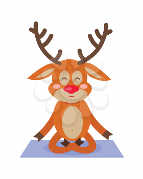 Deer yoga sitting on the carpet. Cute meditating cartoon character. Christmas deer going in for sport in flat style design. Elk in yoga asana lotus posture on yoga mat. Xmas illustration vector