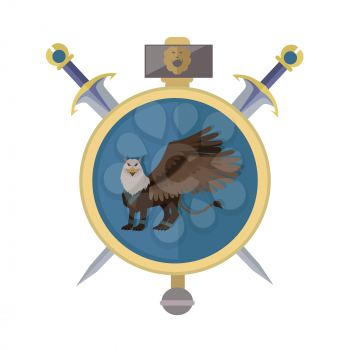 Griffin with axes, isolated avatar icon. Legendary creature with the body, tail, and back legs of a lion, head and wings of an eagle. Game object in flat design isolated on white background.