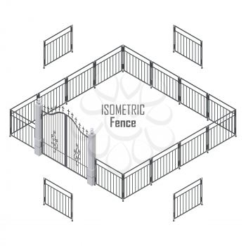 Isometric fence in dark colors isolated on white. Iron gate opens and closes from the middle. Fence with columns. Metal gates, wrought iron, lattice gates and fences for yard. Flat style. Vector