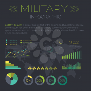 Word Infographic vector. Color circle and line diagrams with data, sample text, word map silhouette on black background. Flat style illustration for econimical, political, military concepts