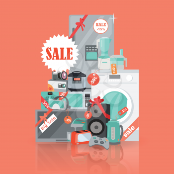 Big super web sale banner. Household appliances in flat style. For electronics stores advertising. Purchase of equipment in Internet. Devices with red discount tags isolated. Black friday. Vector