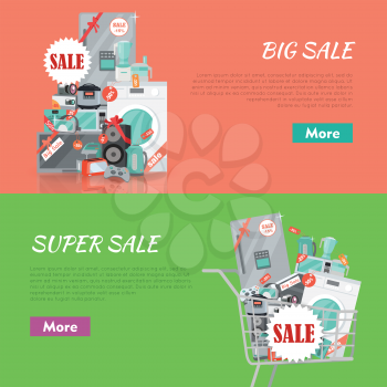 Big super sale banners set. Household appliances flat style. For electronics stores advertising. Purchase of equipment in Internet. Devices with red discount tags in cart trolley. Black friday. Vector