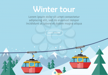 Mountain tours conceptual web banner. Funicular railway, cable railway car on winter landscape background. Ski lift, trolley car, transportation tourism, travel cabin, winter vacation, ropeway. Vector