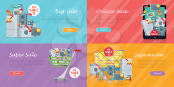 Set of banners with household appliances. Kitchen devices in mobile phone, in cart, supermarket isolated. Big sale concept. E-commerce. Online sale. Electronics. Black friday. Vector in flat style