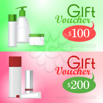 Gift voucher cosmetics template. Present for 100 and 200 dollars. Certificate coupon on buying professional natural organic sea cosmetics. Part of series of decorative cosmetics items. Vector