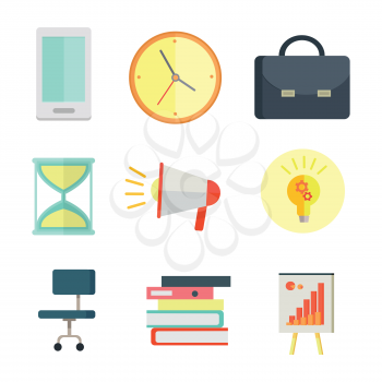 Set of business icons in flat style. Phone, clock, briefcase, sand watch, chair, documents, chart, loudspeaker, pictures for concepts, web, app icons infographics design Isolated on white  