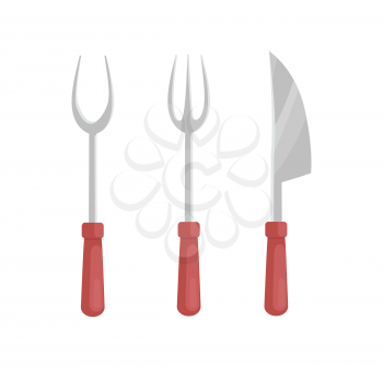 BBQ barbecue cutlery icons set vector for roasting meat on grille. Barbeque knife forks types with prongs. Utensils dishware for picnic and cookout